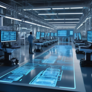 Futuristic factory with holographic software designs and engineers collaborating amidst a high-tech ambiance.